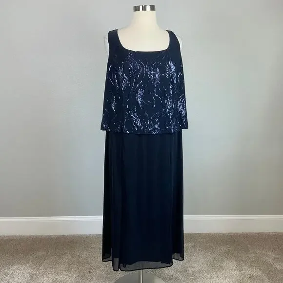 Alex Evenings Sequined Chiffon Midi A-Line Cocktail Dress Navy Blue Size 24W - Picture 2 of 12